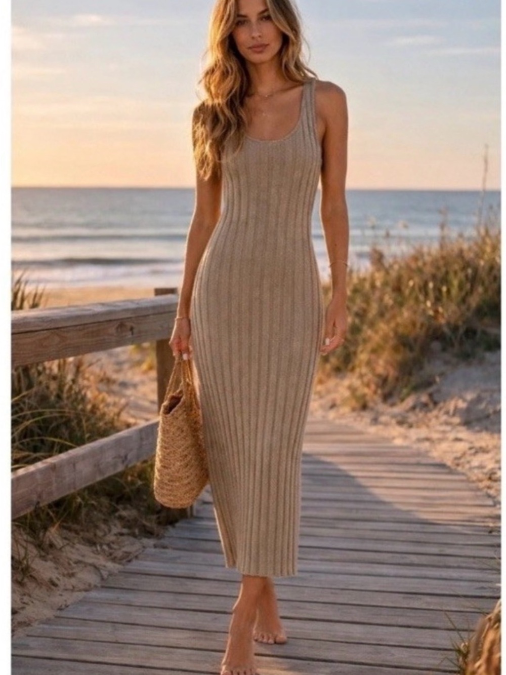 Free People Beach Sleeveless Ribbed Knit Maxi Dress in Tan